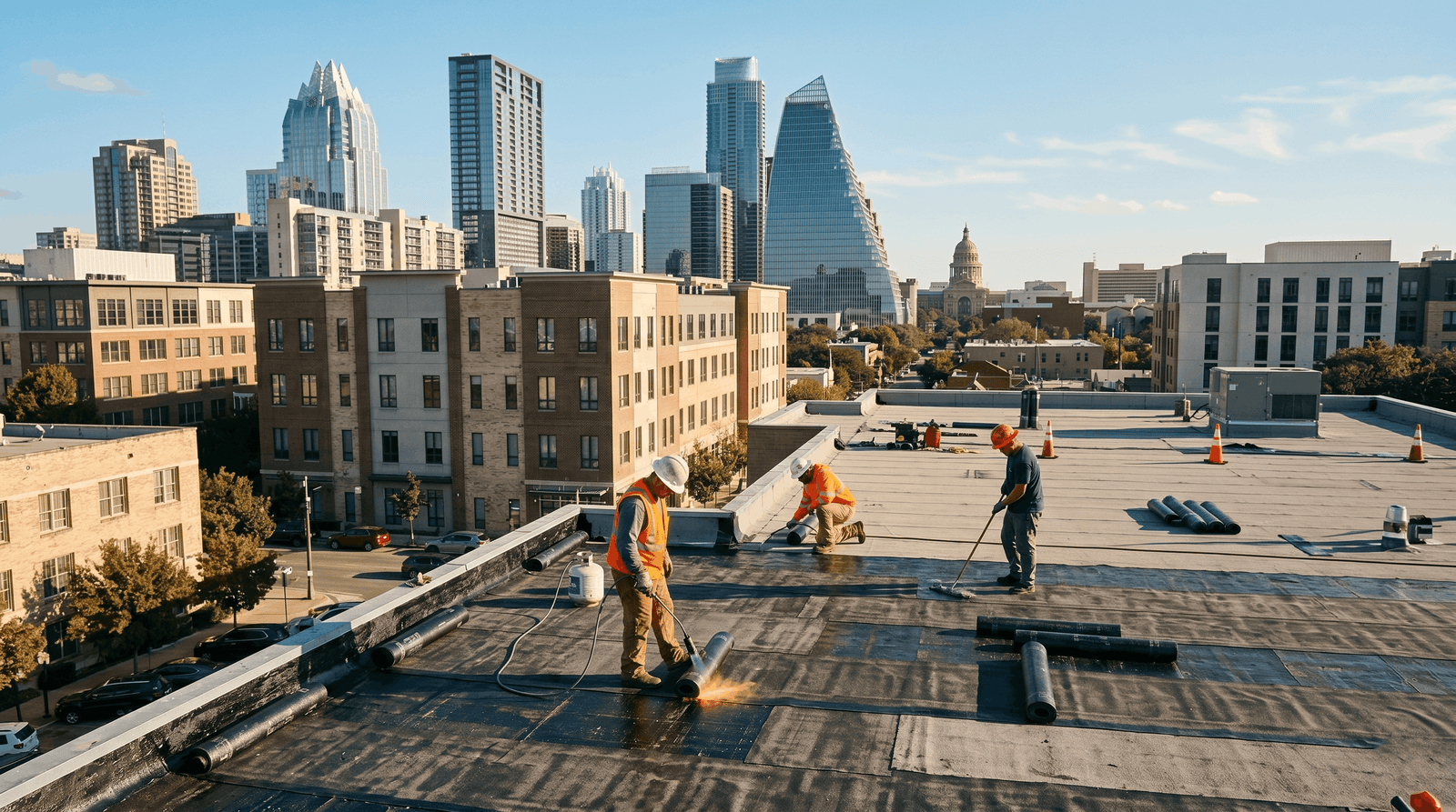Austin commercial roofing crew installing a commercial flat roof system in Travis County TX